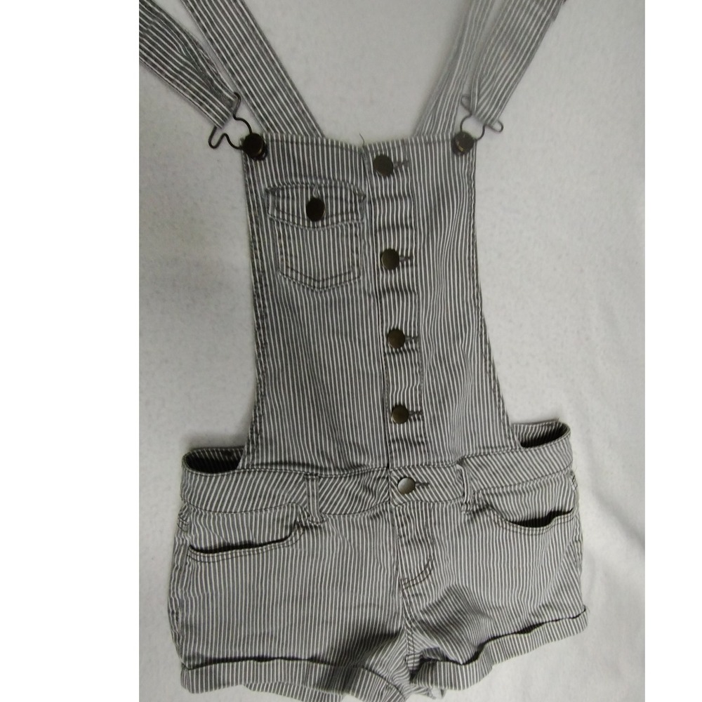 21 Denim Overalls Romper Striped Button Front Casual Cute Size 26 - Picture 3 of 12